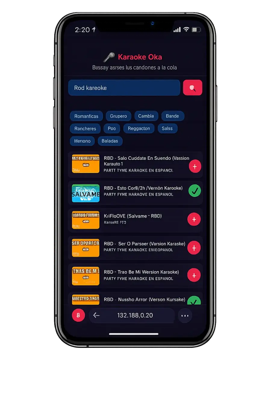 Interfaz móvil utilizada para consultar y seleccionar canciones de karaoke